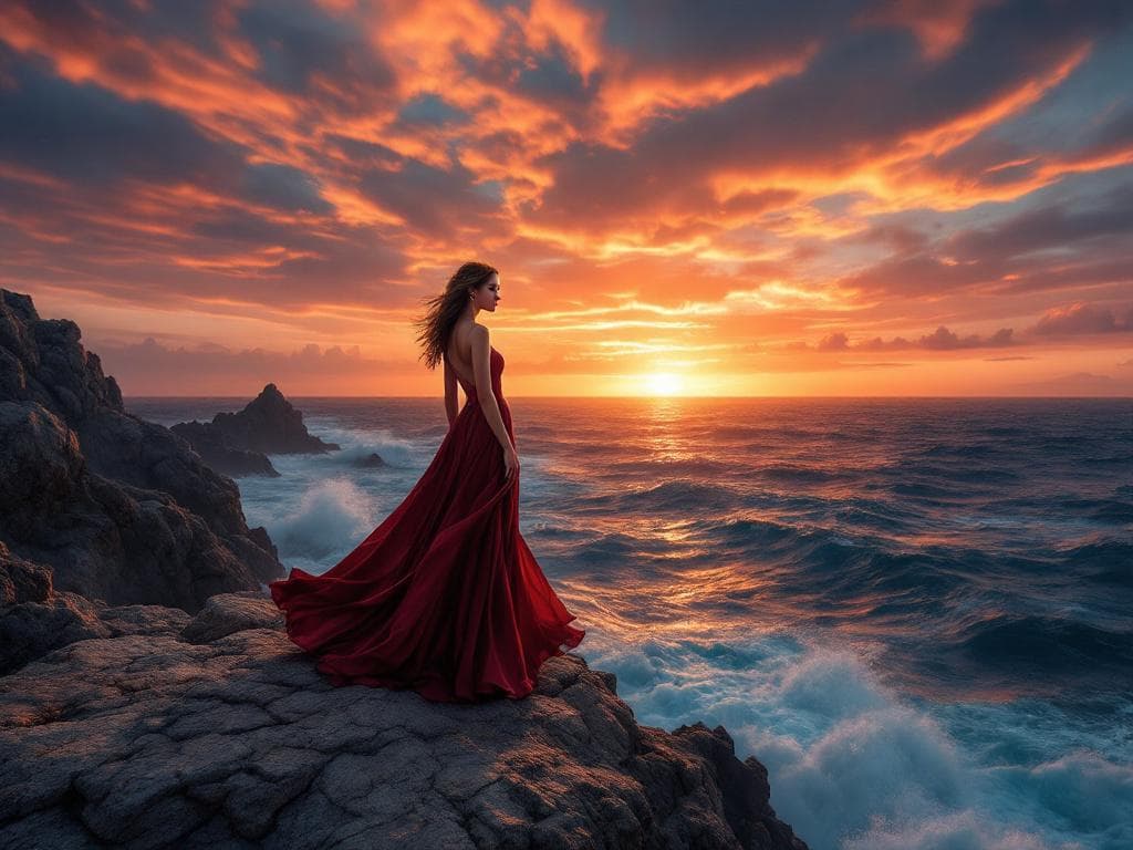 A beautiful woman in a flowing red dress standing on a cliff during sunset, dramatic sky, photorealistic