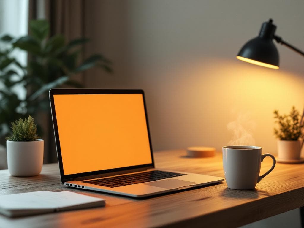 A cozy modern workspace with a glowing laptop, plants, coffee mug, warm sunlight, aesthetic vibes