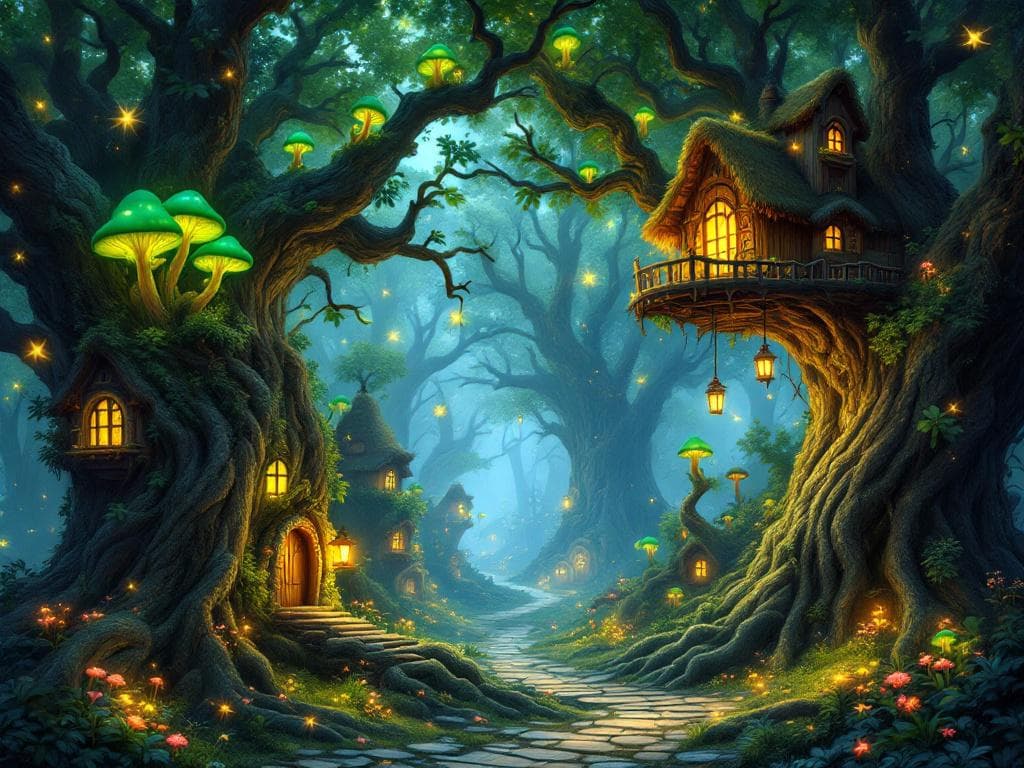 A magical forest with glowing mushrooms, fireflies, and a hidden fairy village, fantasy art style