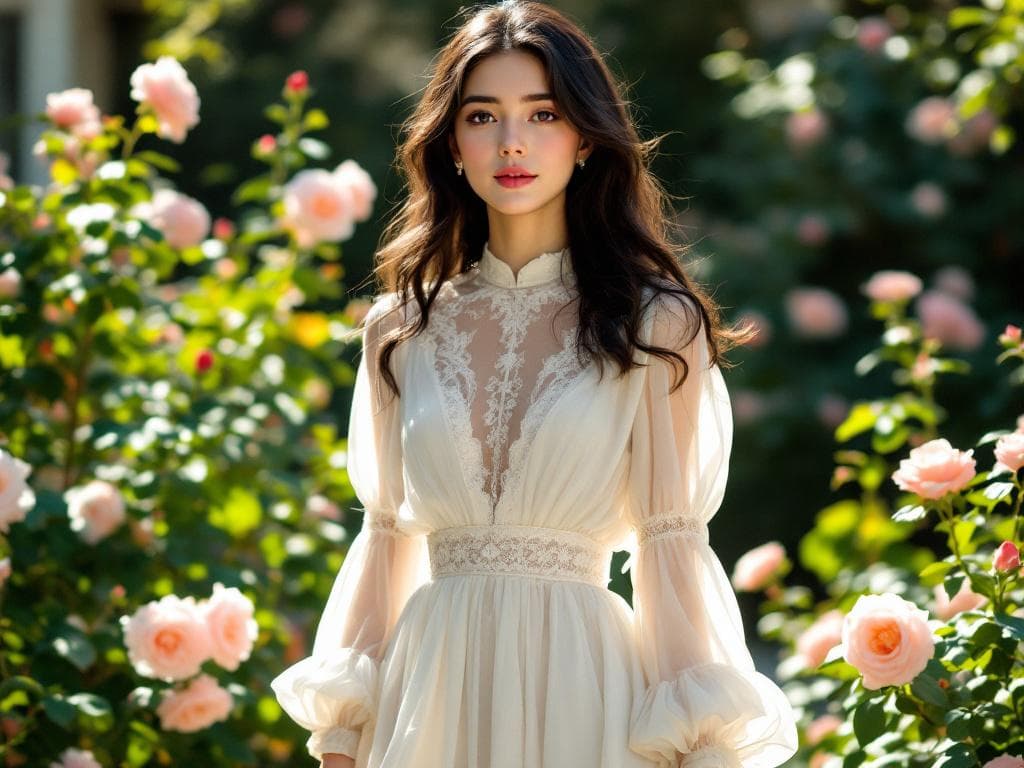 create a image of a beautiful girl in white dress