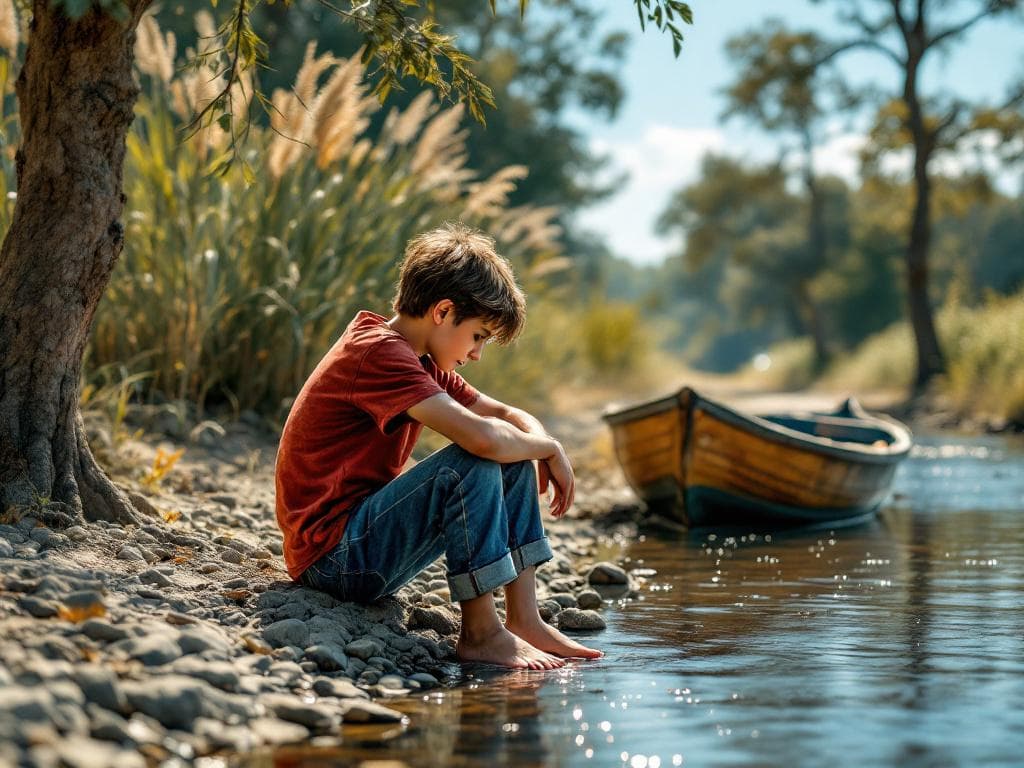 Create the image of the boy sitting on the edge of the river