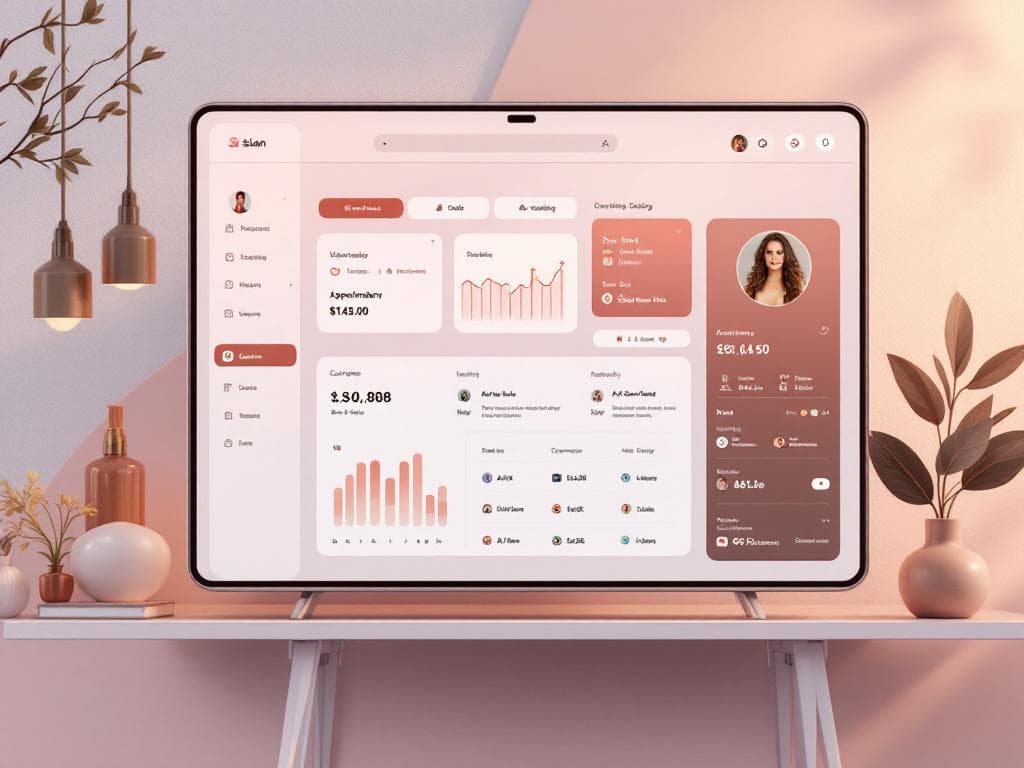 Create a modern and visually stunning illustration of a salon booking management system dashboard, featuring appointment scheduling, staff availability, customer bookings, and elegant UI elements with a luxurious salon theme, soft lighting, pastel gradients, and a professional aesthetic.